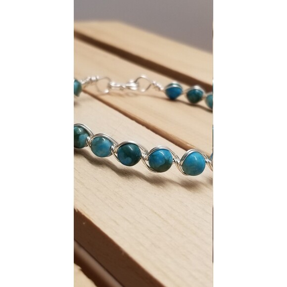 Handmade Wire Wrapped Jasper Bead Bracelet – Blue & Green Gemstone - Picture 6 of 7